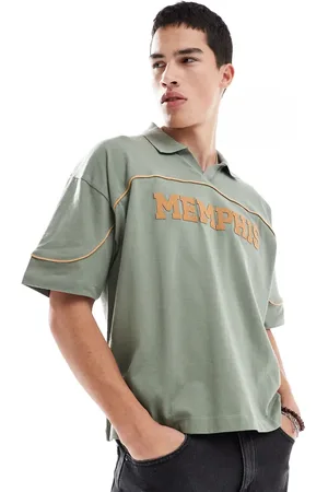 ASOS Boxy oversized polo with city print in khaki-Green