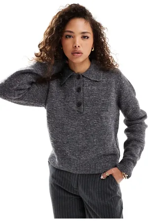 AWARE Vero Moda knitted polo jumper in dark grey melange