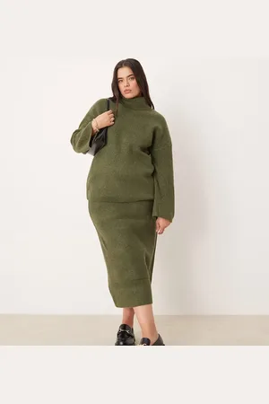 VILA Knitted midi skirt in khaki (part of a set)-Green