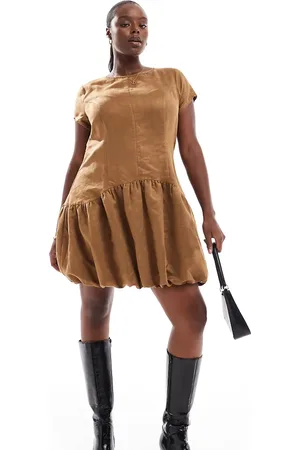 ASOS ASOS DESIGN Curve suedette puffball mini dress in -Brown