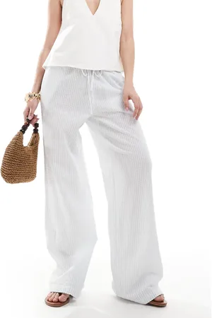 Monki Wide leg drawstring seersucker pants in stripe