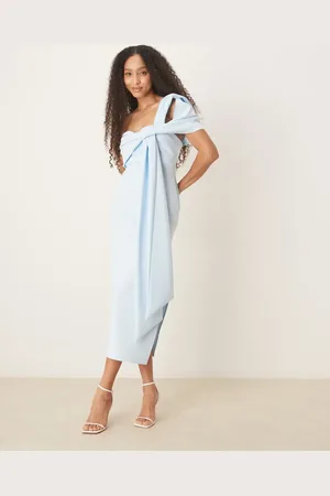 ASOS Scuba off shoulder bow detail midi dress in