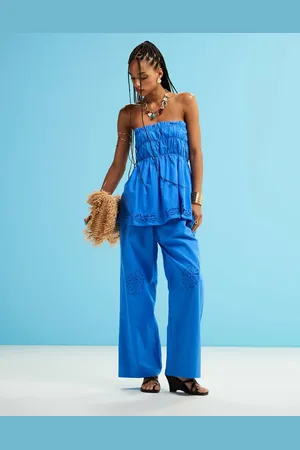 SNDYS Linen blend poplin flower applique wide leg pants in