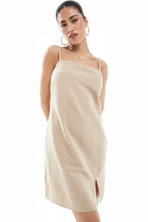 ONLY Linen mix mini cami dress in beige-Neutral
