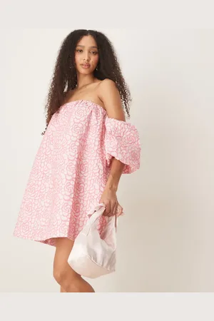Y.A.S Textured rose jacquard off shoulder mini dress in