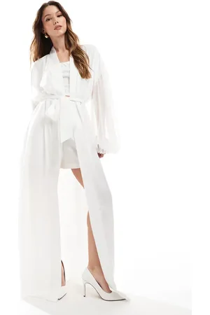 Six Stories Bridal chiffon sleeve satin maxi robe in -White