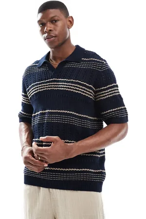 Only & Sons Relaxed fit open knit polo in navy stripe