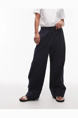 ARKET Poplin straight leg pants with pull-on waist in navy-Black