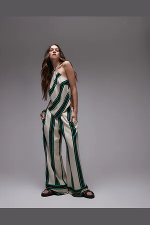 Topshop Mid-rise deep cuff satin pants in beige with burgundy and teal stripe (part of a set)
