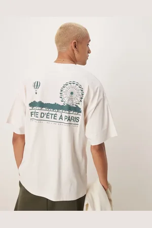 SELECTED Oversized heavyweight t-shirt with paris back print in cream-White