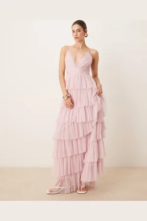 Lace & Beads Lace trim cami tulle tiered maxi dress in