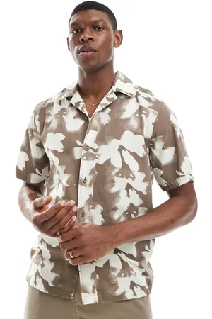 Only & Sons Revere collar shirt with blurred floral print in brown-Navy