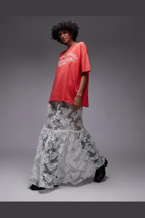 Topshop Ruffle seam sheer lace maxi skirt in -White