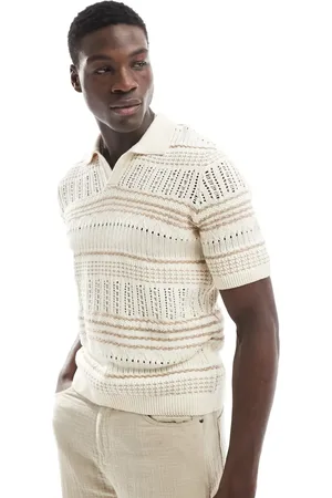Only & Sons Relaxed fit open knit polo in beige stripe-Neutral