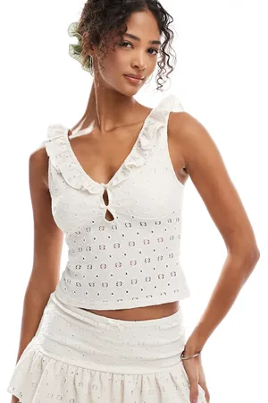 Miss Selfridge Frill bow detail crochet cami top in (part of a set)-White
