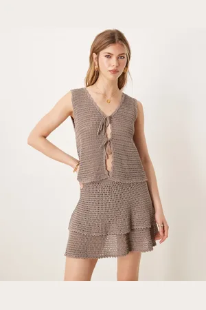 ASOS Knitted crochet tie front singlet in (part of a set)-Brown