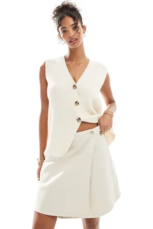 Pieces® Wrap front twill mini skirt in cream-White