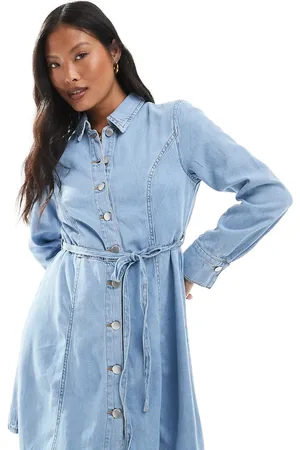 JDY Tie waist denim mini dress in wash