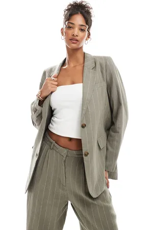 VERO MODA Linen touch oversized blazer in khaki stripe (part of a set)-Green