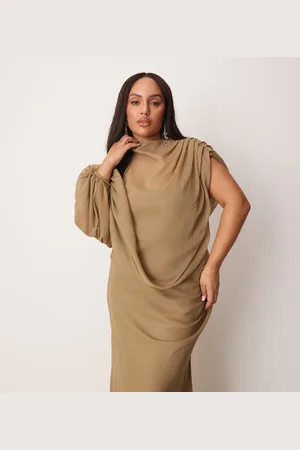 ASOS ASOS DESIGN Curve high neck draped bodice asymmetric maxi dress with cut out in -Neutral
