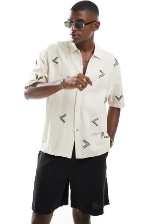 Bershka Embroidered linen blend shirt in -Neutral