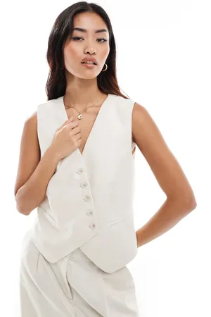VERO MODA Linen touch asymmetric button front waistcoat in beige (part of a set)-White