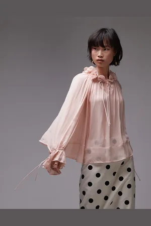 & OTHER STORIES Sheer blouse with ruffled neckline and volume sleeves in light pink