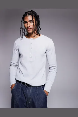 ASOS Muscle fit long sleeve rib t-shirt with henley neck in grey marl