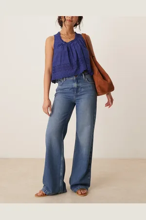 Free People Stride straight leg wide jeans in mid wash blue