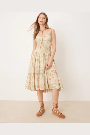 Free People Adriel floral print knee length cami dress in ivory-White