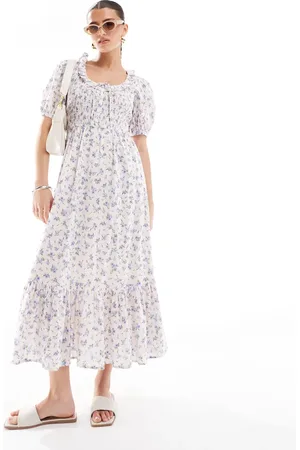 New Look Puff sleeve milkmaid midi dress in pink floral