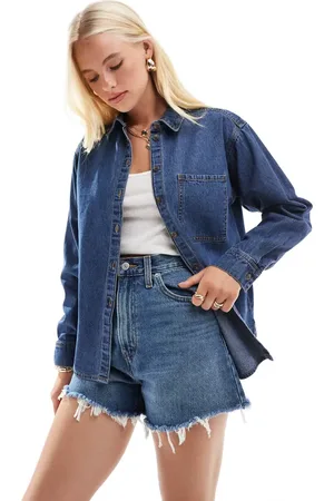 JJXX Oversized denim shirt with large pocket in mid blue