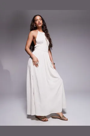 River Island Halterneck shirred maxi dress in stone-Neutral