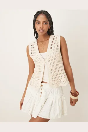 VILA Premium floral hem crochet detail waistcoat in cream-White