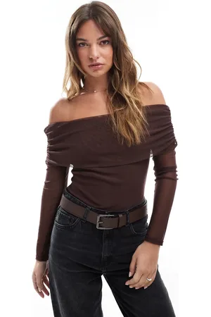Miss Selfridge Mesh bardot bodysuit in -Brown
