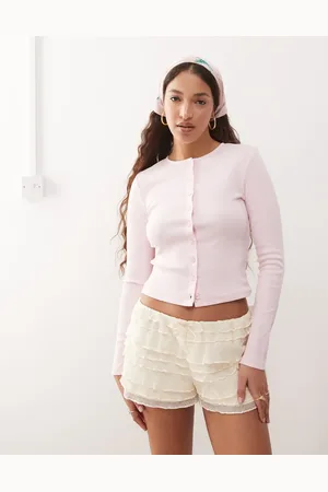 Miss Selfridge Button through rib crew neck cardigan in