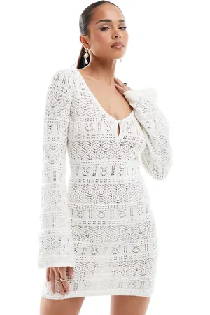 Bershka Crochet keyhole detail mini dress in -Neutral