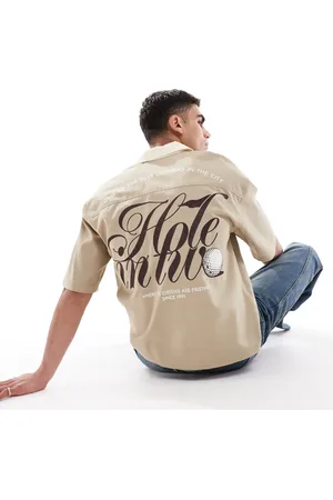 Pull&Bear Printed bowling shirt in khaki