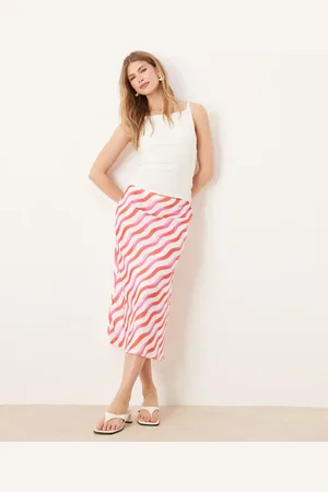 Y.A.S Diagonal stripe midi skirt in pink and white-Multi
