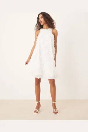 Y.A.S Textured racer neck mini dress with pearl embellished trim in white