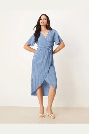 Y.A.S Plisse wrap midi dress in blue
