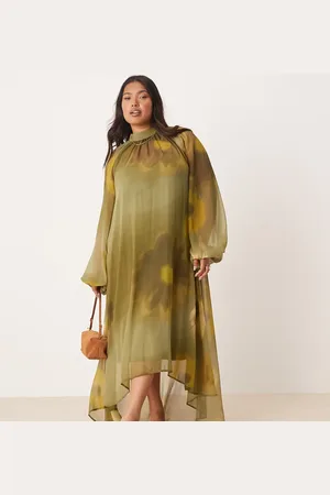 ASOS ASOS DESIGN Curve tie neck maxi smock dress with hi lo hem in blurred oversize -Multi
