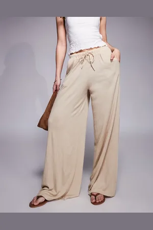 ASOS Crinkle tie waist wide leg pants in (part of a set)-Neutral