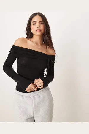 Gina Tricot Off shoulder long sleeve top with ruched channel detail and fluted sleeves in