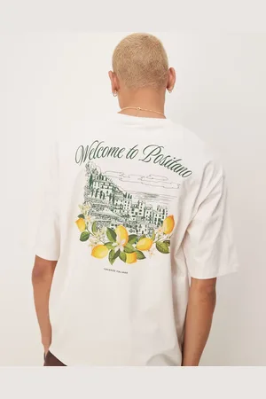 SELECTED Oversized heavyweight t-shirt with positano lemons back print in cream-White