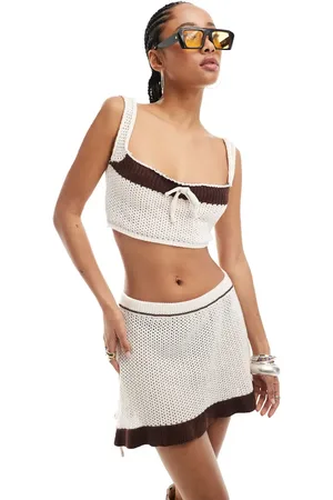 Daisy Street Crochet cami crop top in brown and cream (part of a set)-White