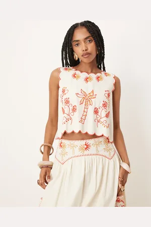 Never Fully Dressed Embroidered cotton top in cream and red (part of a set)