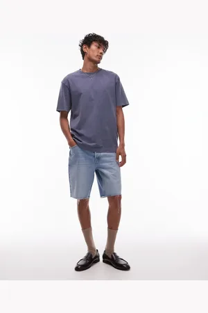 Topman Denim straight leg shorts with raw hem in light wash blue
