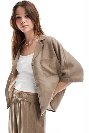 ONLY Linen mix oversized shirt in brown (part of a set)
