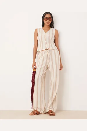 VILA Mix and Match linen touch tie waist wide leg pants in cream & tan stripe-Neutral